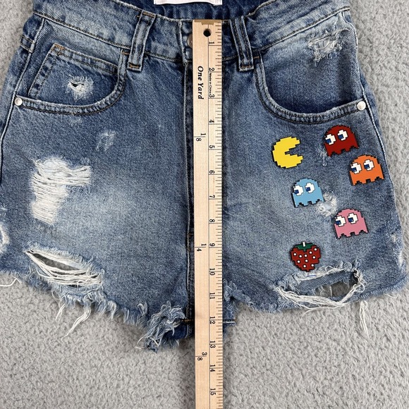 Zara Trafaluc Denimwear Shorts Womens 2 Blue Distressed Pac-Man Patch High Rise - Picture 6 of 8